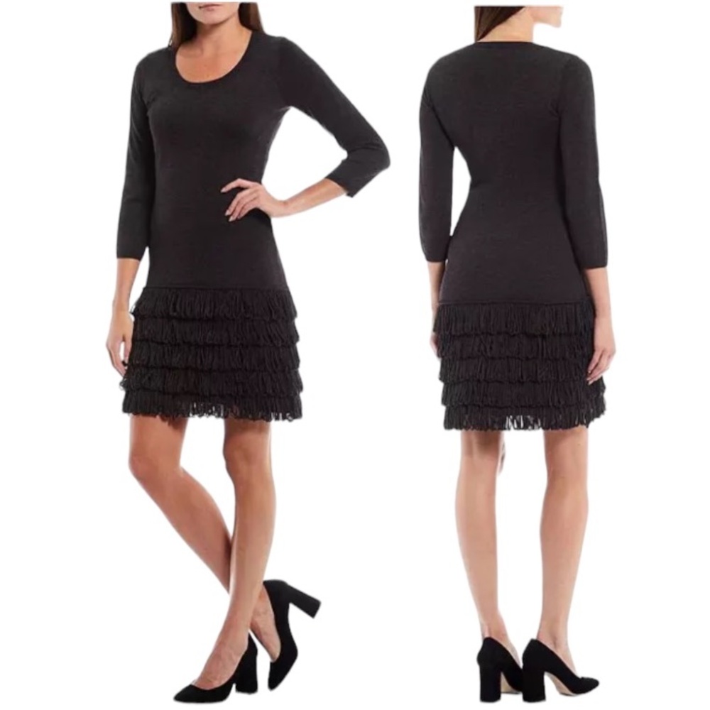 Calvin Klein Scoop Neck 3/4 Sleeve Fringe Hem Sweater Dress charcoal gray medium